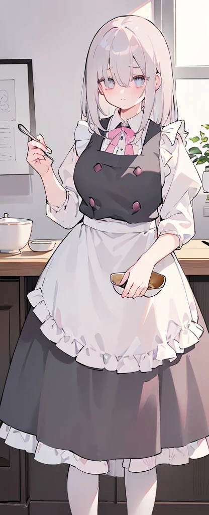 (((Long gray Beautiful Hair))),gray hair,kawai,(((Eyes visible from bangs,hair over eyes:1.3))),,Huge breasts,(pink color eyes),,(pink slanted eyes),1girl in,bangs,long gray hair, pantyhose,Cowboy Shot,white background,short hair,smiled,(wearing pink maid clothes), (maid dress type must have a perfect pinky vest), Bangs should be long to the tip of the chin(((, focusing on the bowl containing the dough and holding a spoon to stir it))), Kitchen room background, Perfect arm fingers,,, 1 girl, ((The image must match the tag)) Bangs almost cover the eyes full body (The character's entire body from top to bottom is completely visible)