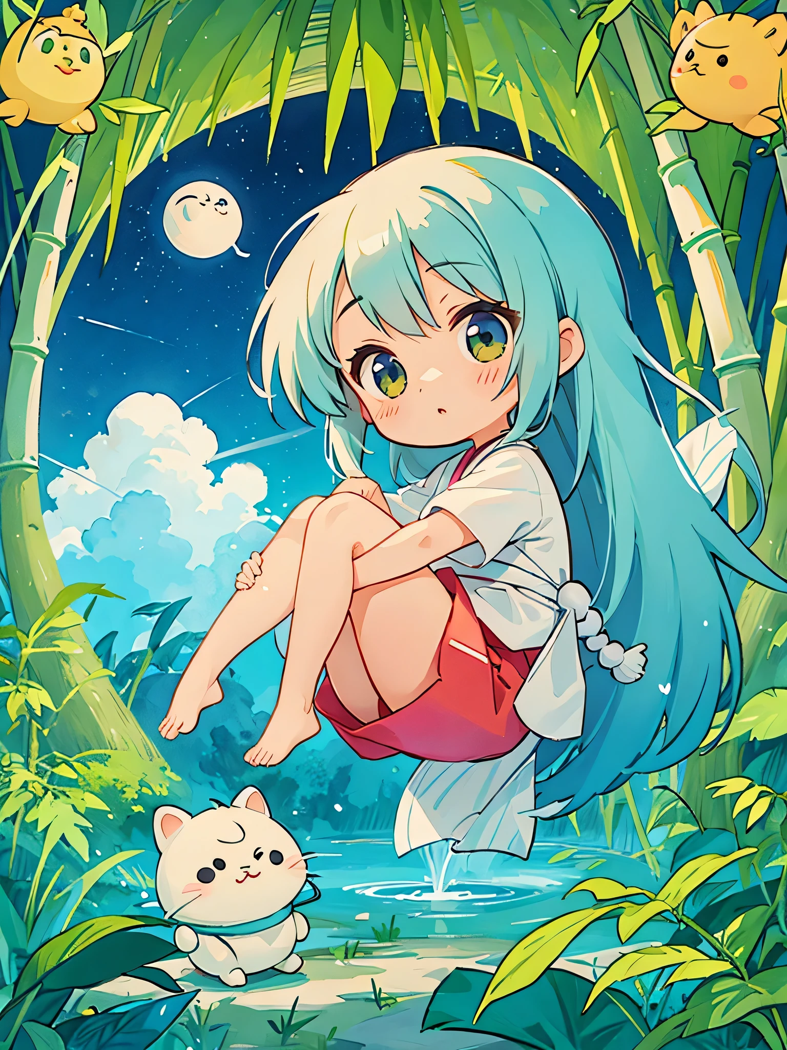 Hayao Miyazaki style、Kawaii Design, The most beautiful girl of all time、chibi, tanabata, Bamboo, Strip