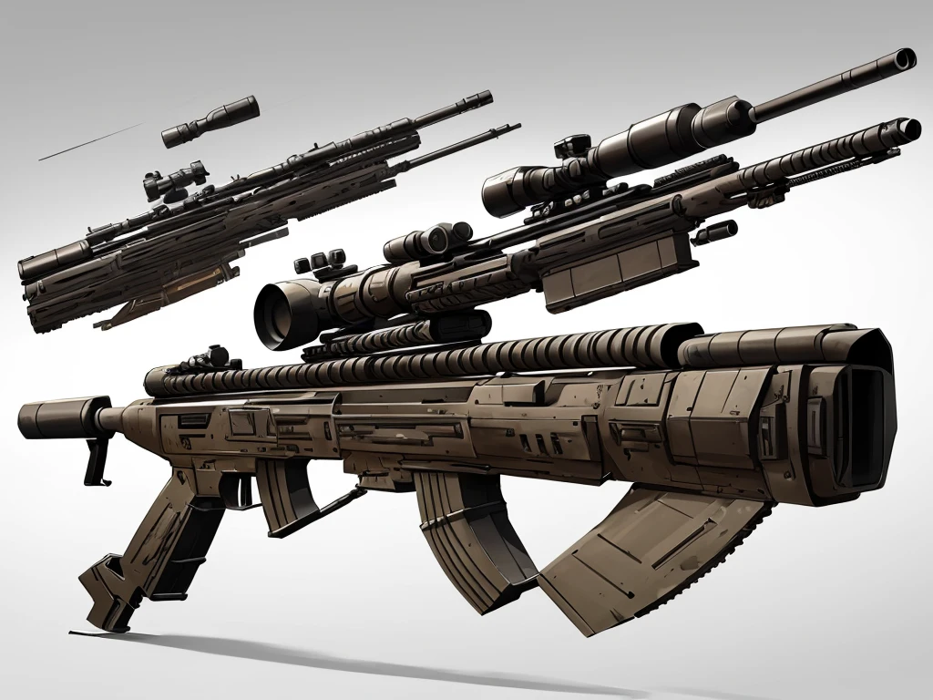 Illustration of a large sniper rifle arranged like concept art of a weapon on a white background