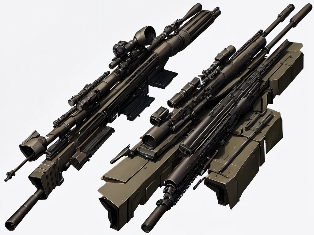 Illustration of a large sniper rifle arranged like concept art of a weapon on a white background