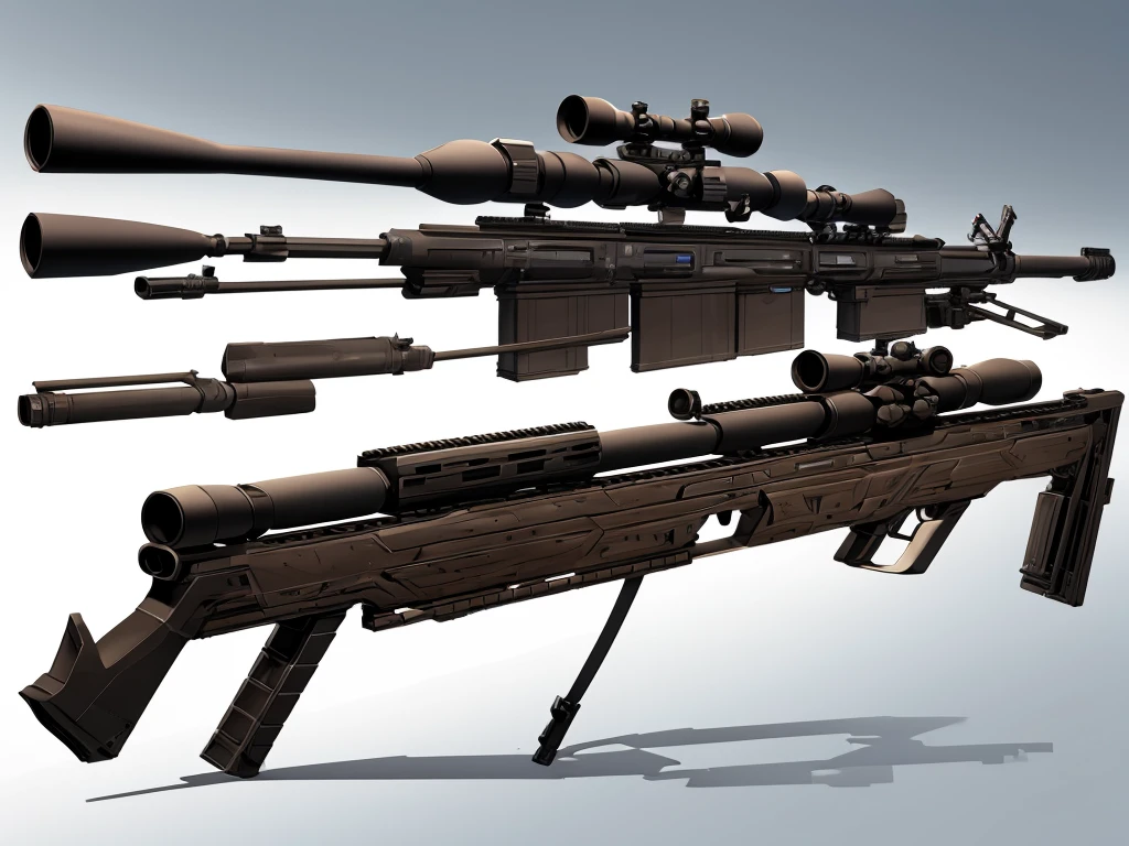 Illustration of a large sniper rifle arranged like concept art of a weapon on a white background