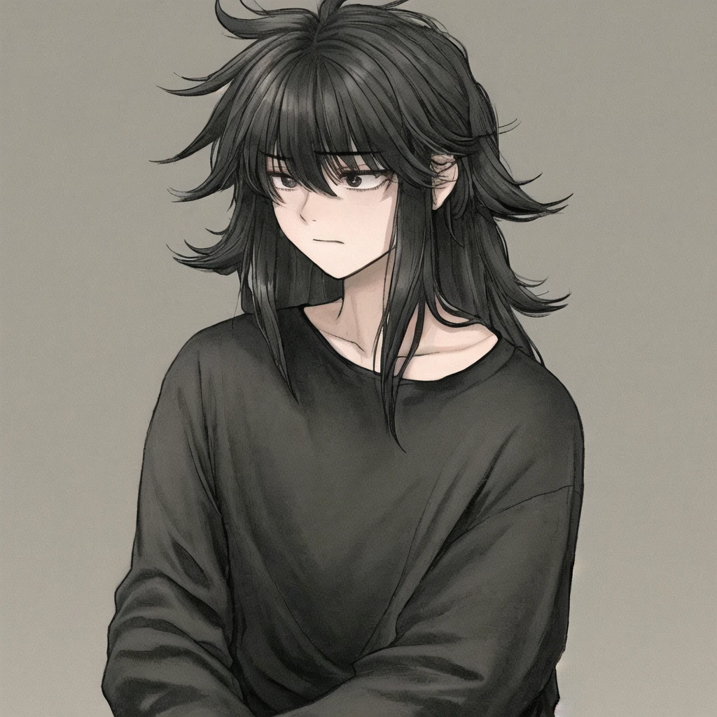 A 16 year old. black long sleeve t-shirt. Hair full to the shoulder.