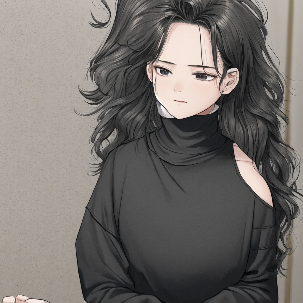 A 16 year old. black long sleeve t-shirt. Hair full to the shoulder. 