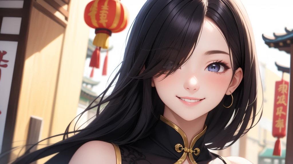 European girl portrait,alone,20-year-old,Beautiful Face,Hair on one eye,Medium Sidecut, Black Hair, Sharp focus,(China dress),Chinatown,Big Breasts,smile