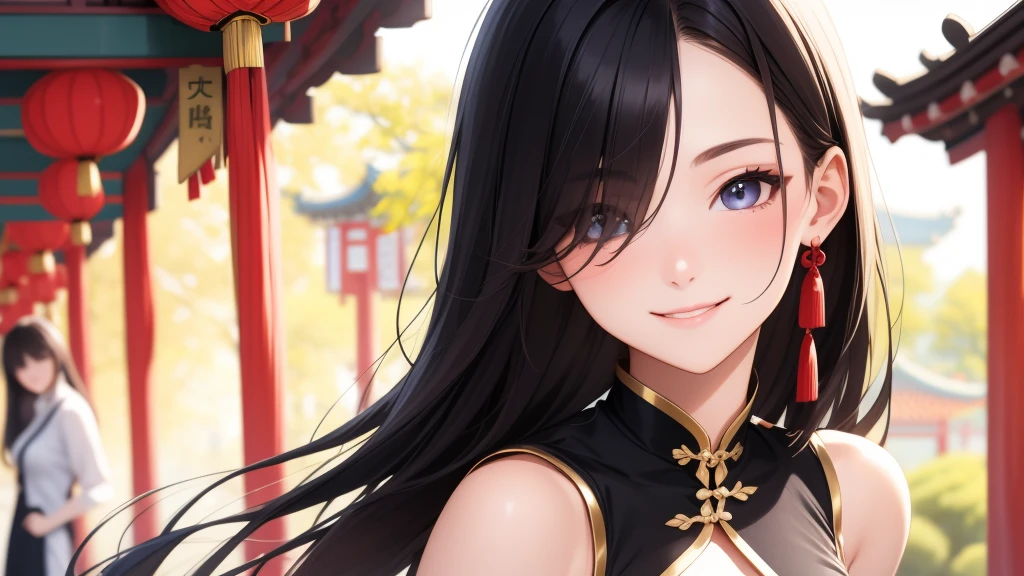 European girl portrait,alone,20-year-old,Beautiful Face,Hair on one eye,Medium Sidecut, Black Hair, Sharp focus,(China dress),Chinatown,Big Breasts,smile
