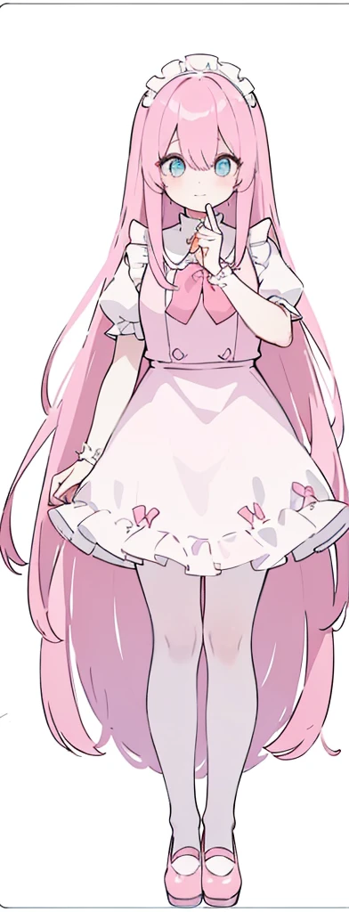 (((Long pinky Beautiful Hair))),pink hair,kawai,(((Eyes visible from bangs,hair over eyes:1.3))),,Huge breasts,(cyan color eyes),,(pink slanted eyes),1girl in,bangs,long CYAN hair, pantyhose,Cowboy Shot,white background,short hair,smiled,(wearing pink maid clothes), (maid dress type must have a perfect pink vest), Bangs should be long to the tip of the chin(((Standing pose facing to the right side free hand pose))), white background, Perfect arm fingers,,, 1 girl, ((The image must match the tag)) Bangs almost cover the eyes full body (The character's entire body from top to bottom is completely visible) (The character's entire body is visible from head to toe) wearing shiny pink shoes (full body image full body image) full body image full body image) white background, Long slim legs, Perfect pink maid outfit perfect pink vest perfect pink jabot