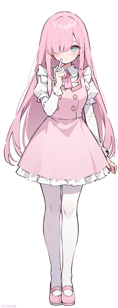 (((Long pinky Beautiful Hair))),pink hair,kawai,(((Eyes visible from bangs,hair over eyes:1.3))),,Huge breasts,(cyan color eyes),,(pink slanted eyes),1girl in,bangs,long CYAN hair, pantyhose,Cowboy Shot,white background,short hair,smiled,(wearing pink maid clothes), (maid dress type must have a perfect pink vest), Bangs should be long to the tip of the chin(((Standing pose facing to the right side free hand pose))), white background, Perfect arm fingers,,, 1 girl, ((The image must match the tag)) Bangs almost cover the eyes full body (The character's entire body from top to bottom is completely visible) (The character's entire body is visible from head to toe) wearing shiny pink shoes (full body image full body image) full body image full body image) white background, Long slim legs, Perfect pink maid outfit perfect pink vest perfect pink jabot