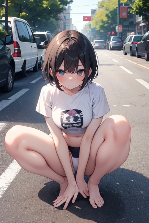 Black Hair、black eye、girl、Short hair、girl、Medium sized breasts、ta、Embarrassed look、Looks about 18 years old、目のhighlight、Sexy thighs、Short T-shirt、white bikini panties、Your eyes are so beautiful、highlight、crouch on the ground、Open leg pose、Spread your legs、on the road、intersection