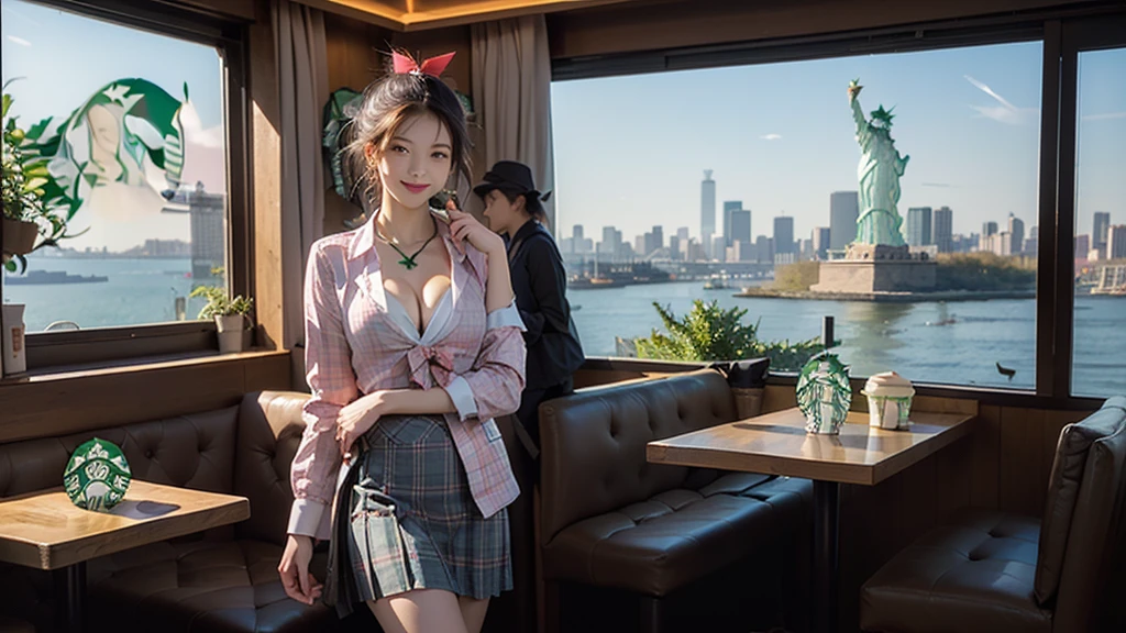 (A girl in a blazer uniform ((White blouse with formal collar, Blue Blazer,
Pink plaid skirt, Red checkered ribbon on blouse)), Complete limbs, Full Finger,)
(((You can see the Statue of Liberty from the window)))
High-resolution images, Atmospheric perspective, 8K, Super detailed, Accurate, Highest quality, Angle from below the table, woman, ((smile)), In the city, busy, (((skyscraper))),High heels, Shoulder bag, necklace, restaurant with big windows, Take a seat, (Other customers), (((night景, You can see the view of the harbor from the window))), food, Put your hair up,(((((Starbucks Coffee)))))((((Three Women))))(((night)))
((((Emphasize cleavage))))