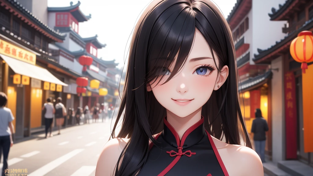 European girl portrait,alone,20-year-old,Beautiful Face,Hair on one eye,Medium Sidecut, Black Hair, Sharp focus,(China dress),Chinatown,Big Breasts,smile