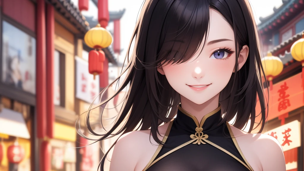European girl portrait,alone,20-year-old,Beautiful Face,Hair on one eye,Medium Sidecut, Black Hair, Sharp focus,(China dress),Chinatown,Big Breasts,smile