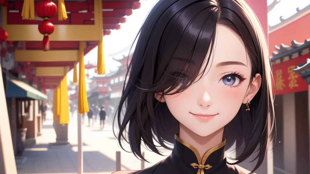 European girl portrait,alone,20-year-old,Beautiful Face,Hair on one eye,Medium Sidecut, Black Hair, Sharp focus,(China dress),Chinatown,Big Breasts,smile