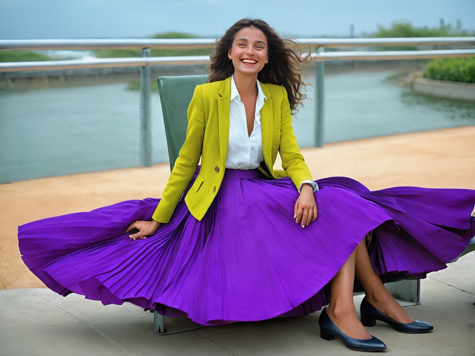 A smiling, authentic, (shy:1,3), kind, beautiful woman, is passionately in love with her skirt, wind wildly lifts her skirt, wearing uniform jacket and very, very detailed (long (fully pleated) full circle skirt) and (low heeled court shoes), very, very intricate hyper-detailed symmetric (attractive graceful young feminine face) with (sad, tired eyes and a loving smile), very voluptuous breasts, full of empathy and compassion and love, (pronounced (feminine) features), (highly detailed ultra accurate realistic) hands and fingers, (windy), epic composition, highly detailed attributes, (35mm f1.4 Kodak portra 400 photograph), extremely high quality RAW photograph, highly detailed atmosphere, sci-fi, cinematic shot, dynamic lighting, 75mm, Technicolor, Panavision, cinemascope, sharp focus, fine details, 8k, HDR, realism, realistic, key visual, film still, superb cinematic color grading, depth of field