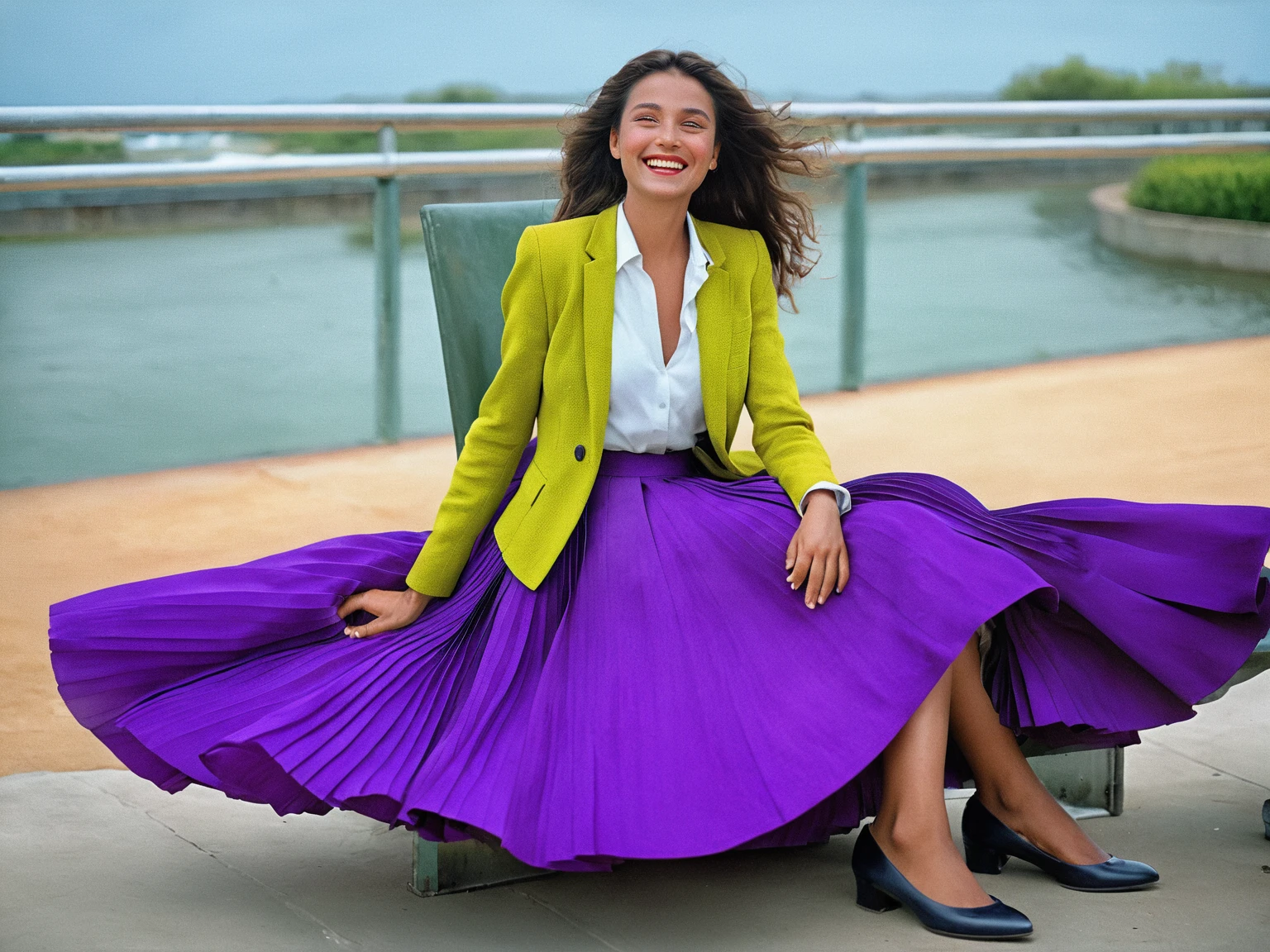 A smiling, authentic, (shy:1,3), kind, beautiful woman, is passionately in love with her skirt, wind wildly lifts her skirt, wearing uniform jacket and very, very detailed (long (fully pleated) full circle skirt) and (low heeled court shoes), very, very intricate hyper-detailed symmetric (attractive graceful young feminine face) with (sad, tired eyes and a loving smile), very voluptuous breasts, full of empathy and compassion and love, (pronounced (feminine) features), (highly detailed ultra accurate realistic) hands and fingers, (windy), epic composition, highly detailed attributes, (35mm f1.4 Kodak portra 400 photograph), extremely high quality RAW photograph, highly detailed atmosphere, sci-fi, cinematic shot, dynamic lighting, 75mm, Technicolor, Panavision, cinemascope, sharp focus, fine details, 8k, HDR, realism, realistic, key visual, film still, superb cinematic color grading, depth of field