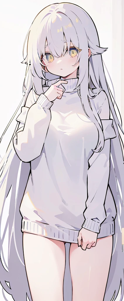 (((Long white Beautiful Hair))),greys hair,kawai,(((Eyes visible from bangs,hair over eyes:1.3))),,Huge breasts,(Yellow color eyes),,(yellw slanted eyes),1girl in,bangs,longs black hair, (white background) (using dark red sweaters, sweater models, off-the-shoulder sweaters), ((Don't wear any pants because the bottom fabric of the sweater is long from the sides to the middle of the thigh)) the curve of her thighs is visible, ((long straight hair)),((The pose of the right hand above the chest, the pose of the left hand hanging down the fingers must be perfect)) (long sweater sleeve covers the back of the hand) image as per tag, Standing body position facing the left side, Bare thighs, Very large breasts, plump round breasts, narrow eyes Slant eyes slant eyes slant eyes slant eyes slant eyes slant eyes big breasts