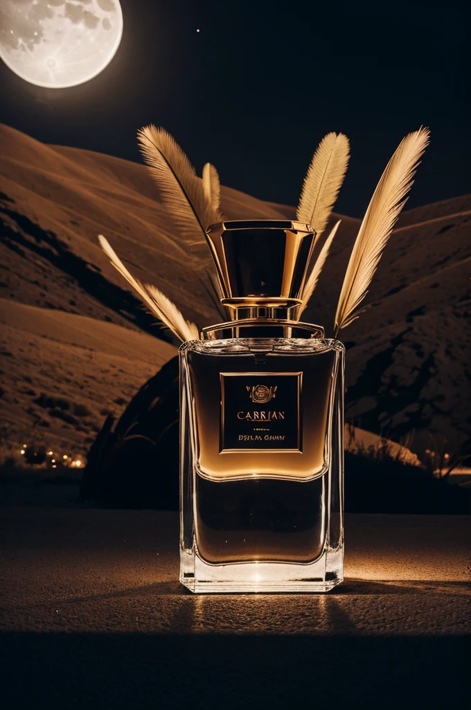 Perfumes have been kept in desert under the dark clouded sky with minimal moonlight