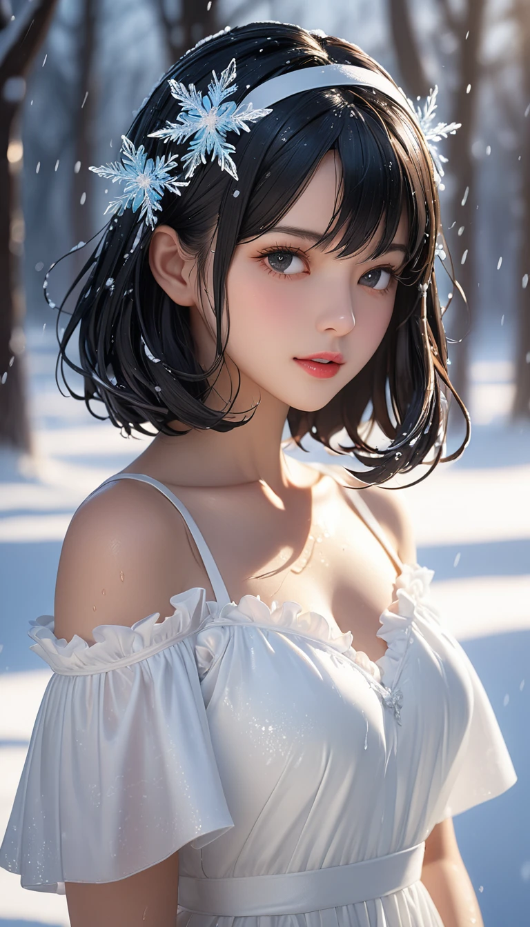 (((masterpiece))),Highest quality,figure,4k wallpaper,Cinema Lighting,Absurd,1 Girl,(snow,ice),snow flower,In winter,Bust Shot,Upper body close-up,(((Black Hair))),Shiny Hair,(((Long Bob))),(((Medium Hair))),curl,White clothes,Beautiful dress,Pure white dress,Frills,race,Wet clothes,Leave_shoulder,hair band,masterpiece,Absurd,Beautiful Face,Features,Natural light,Soft Light,(Seven-part combination),amazing,Dreamy and magical,mystery,
