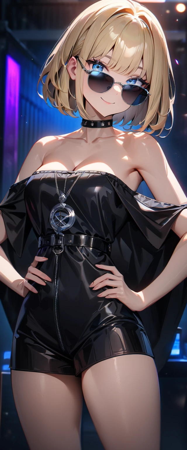 (((One girl))), blond hair, ((sunglasses, hand to sunglasses)), ((one hand on hip)), (bob cut:1.3)), breasts, cleavage, (cowboy shot), standard body, (looking at viewer), oversized clothes, collarbone, ((Gothic fashion:1.3, off-shoulder, dress)), black cloth, teenager, head tilt:1.3, (((blue eye))), ((happy smile)), (((anime style))), (best quality, 4k, 8k, highres, masterpiece:1.2, ultra-detailed, ultra-detailed eyes, HDR, UHD, studio lighting, ultra-fine painting, sharp focus, physically-based rendering, extreme detail description, professional, vivid colors, bokeh), ((Highest quality, Best image quality, Ultra-high resolution, Ultra-high resolution, solo, Strong eye highlights)), Depth of written boundary, Natural soft light, attractive, Beautiful Face, Cleanliness, Pure Face, nedium chest, Beautiful Face, Perfect Fingers, Perfect hands, Perfect body, Perfect Face, Shine a light into your eyes, Perfect Anatomy