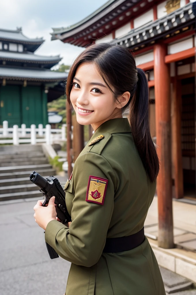 Woman wearing military uniform, looking back at camera, holding gun, smiling, background is temple、Japan