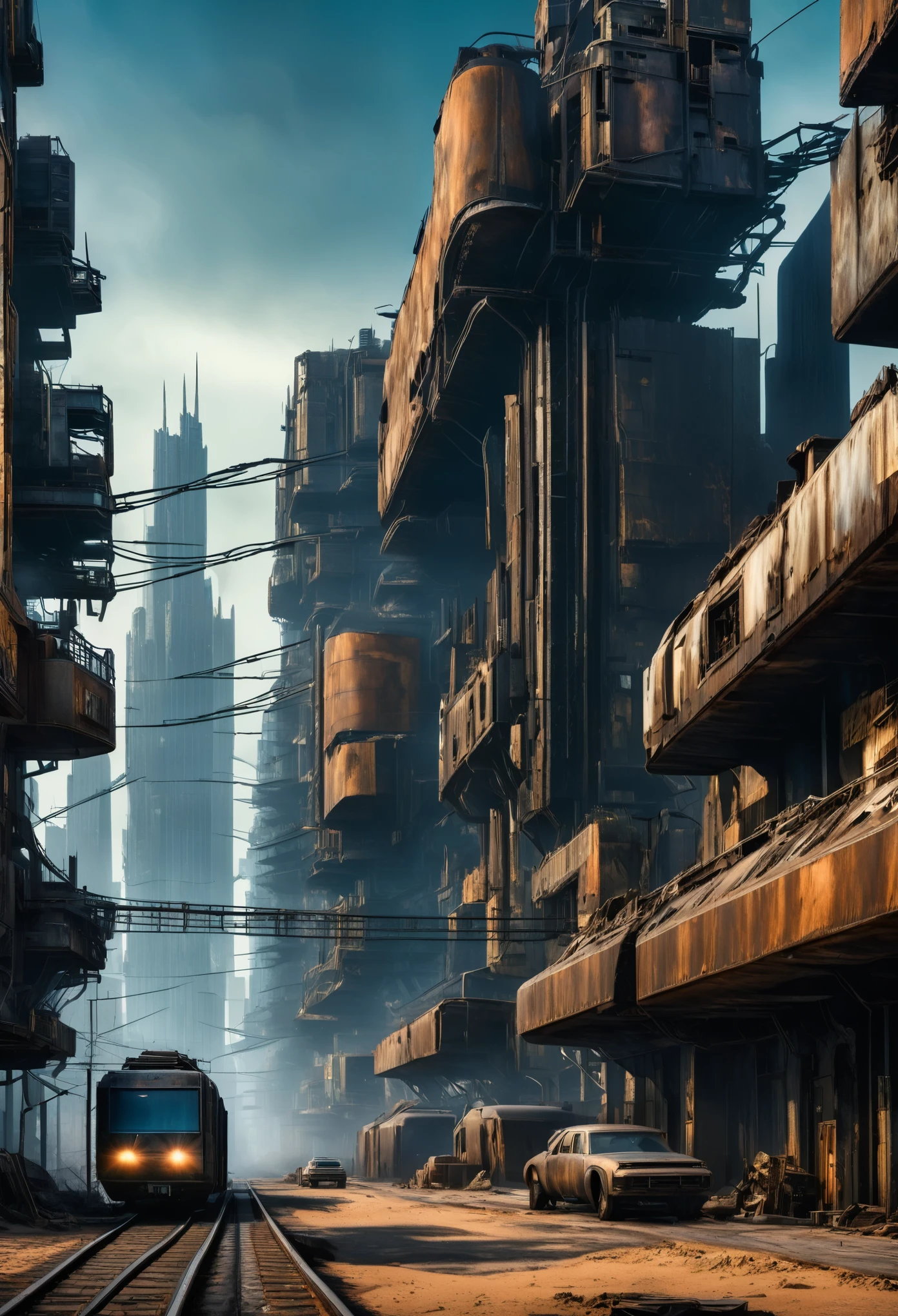 image taken underneath the buildings of a post-apocalyptic city, madmax style, you can see the buildings in ruins, the buildings are from an ultrafuturistic North American megalopolis city, the city has many metallic buildings and houses in dark colors, from dark blue to black, the city has shades of metal gray, has smoky metal structures , industrial environment with smoke and fog around, dark cars on the streets, desert megalopolis, Modern metal rails and trains passing through the city streets, tall futuristic metal buildings, many ultramodern buildings around, , as realistic as possible, as detailed as possible, Science fiction