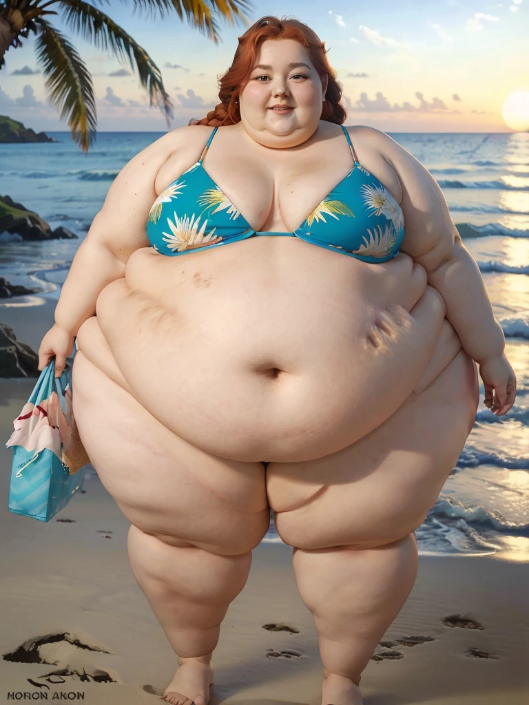 A beautiful tropical oasis beach photo of a young happy cute beautiful redhead pear-bodyshaped ssbbw with long single-braided hair soft fat belly, very wide fat obese hips, very obese legs, thick fat wide legs and fat arms, cute pretty face, small breasts, blue eyes, freckles, in a bikini, holding a huge Ice Cream, on a beautiful beach full of palm trees at sunset