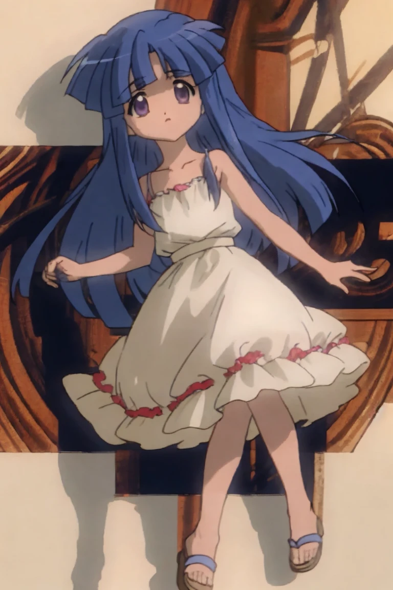 One girl，Furude Rika，White view，(masterpiece、Highest quality)，Deep blue hair，Purple Eyes，，Big Eyes，bangs，White dress，camisole，Sandals，Frills