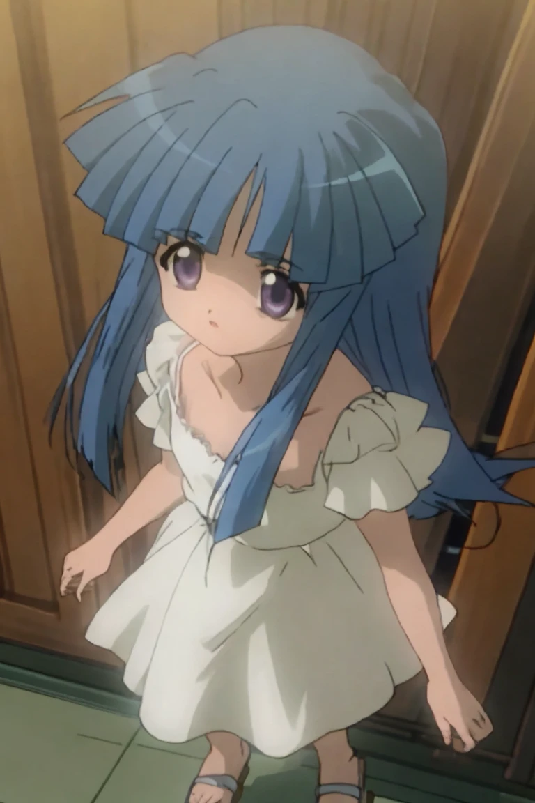 One girl，Furude Rika，White view，(masterpiece、Highest quality)，Deep blue hair，Purple Eyes，，Big Eyes，bangs，White dress，camisole，Sandals，Frills