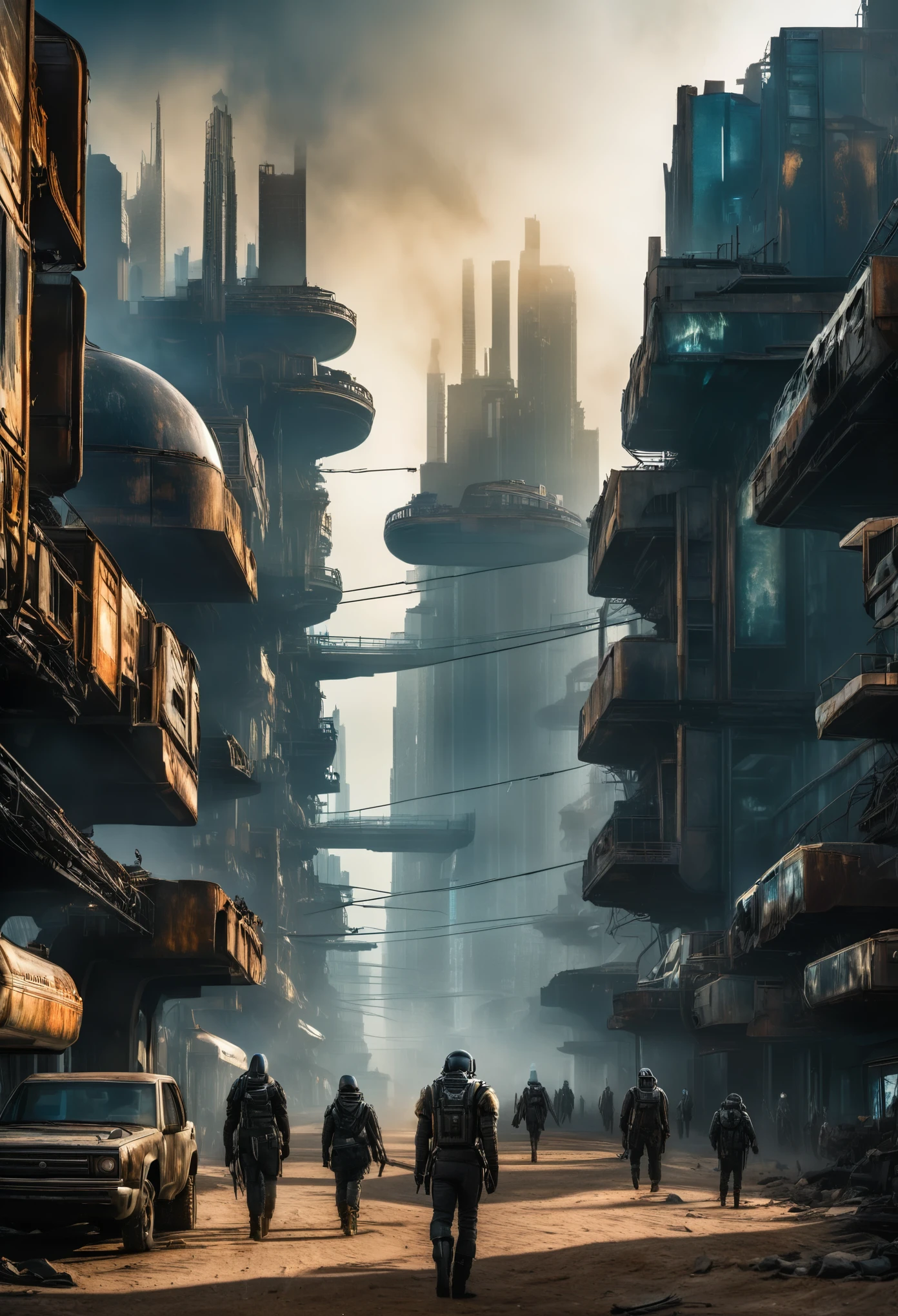 image taken underneath the buildings of a post-apocalyptic city, madmax style, you can see the buildings in ruins, the buildings are from an ultrafuturistic North American megalopolis city, the city has many metallic buildings and houses in dark colors, from dark blue to black, the city has shades of metal gray, has smoky metal structures , industrial environment with smoke and fog around, dark cars on the streets, desert megalopolis, Modern metal rails and trains passing through the city streets, tall futuristic metal buildings, many ultramodern buildings around, , as realistic as possible, as detailed as possible, Science fiction
