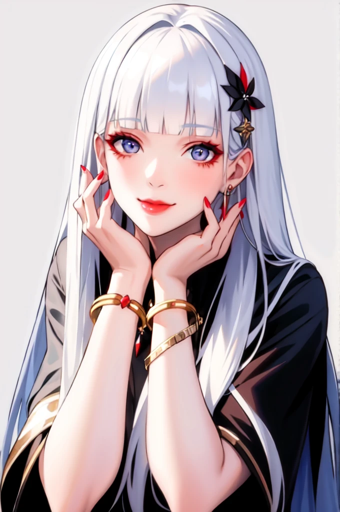 1girl, solo, long hair, looking at viewer, smile, blue eyes, hair ornament, white background, jewelry, white hair, closed mouth, blunt bangs, nail polish, bracelet, lips, grey eyes, portrait, red nails, close-up, red lips, hands on own face, hands on own cheeks,(mature female),(shiny skin),((steaming body))