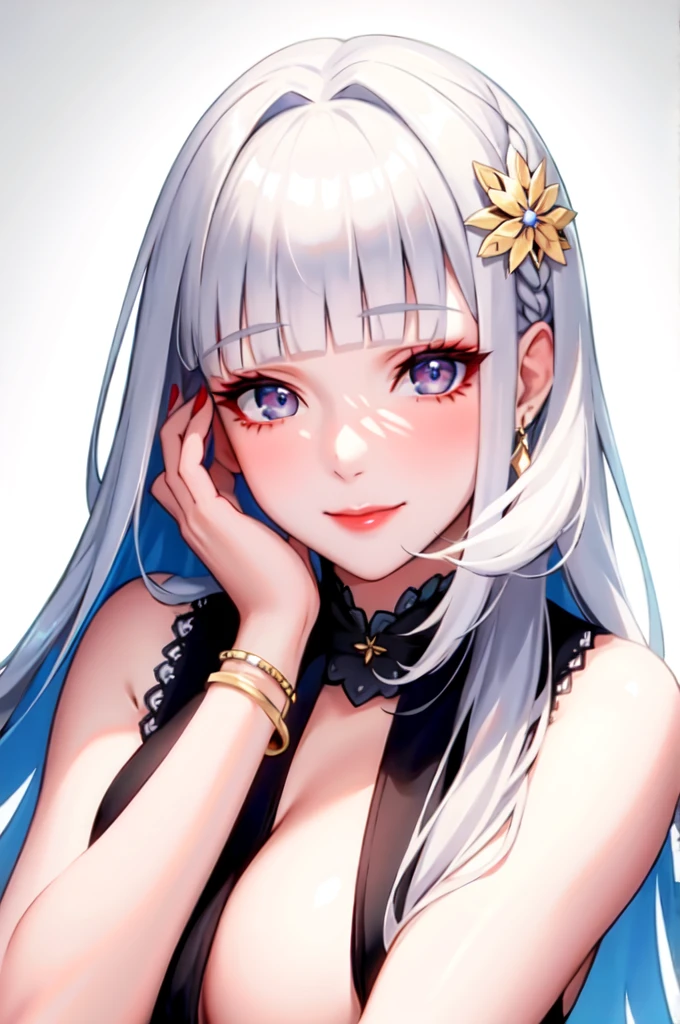 1girl, solo, long hair, looking at viewer, smile, blue eyes, hair ornament, white background, jewelry, white hair, closed mouth, blunt bangs, nail polish, bracelet, lips, grey eyes, portrait, red nails, close-up, red lips, hands on own face, hands on own cheeks,(mature female),(shiny skin),((steaming body))