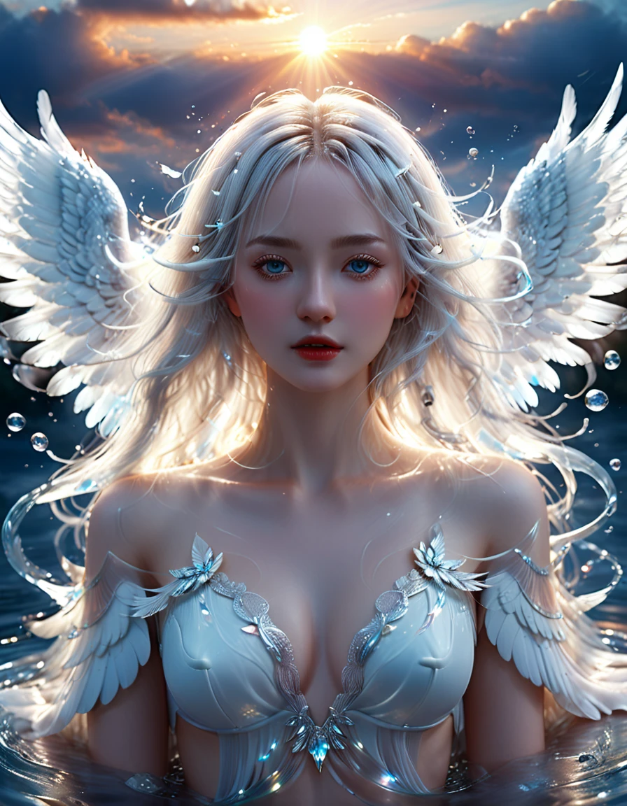 (half Body Image: 2.0),Beautiful young angel with long white hair and wearing a sheer white robe,(Large angelic wings spread: 1.7),Angel with porcelain-like ethereal skin, floating in the air, shot from below emerging from the clouds with a stunning sunset sky in the background,(Highest Quality, 4k, 8k, High Resolution, Masterpiece: 1.2),Ultra Detailed,(Realistic, Photorealistic, Photorealistic: 1.37),Detailed face, Detailed eyes, Detailed lips, Highly detailed facial features, Porcelain skin, Dramatic lighting, Dramatic sky, Cinematic, Fantasy, Digital art, Exquisite details, Graceful, Heavenly, ice and water,ice,water,water ring