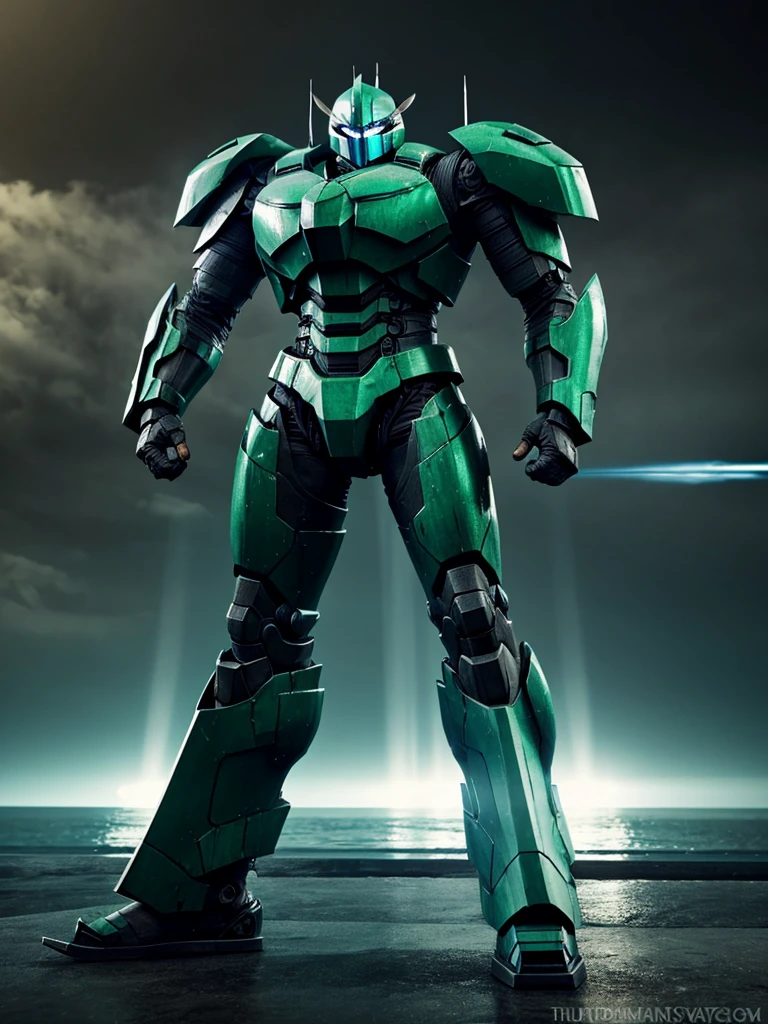 3D tall pacific rim jaeger, green and black color, knight inspired armor