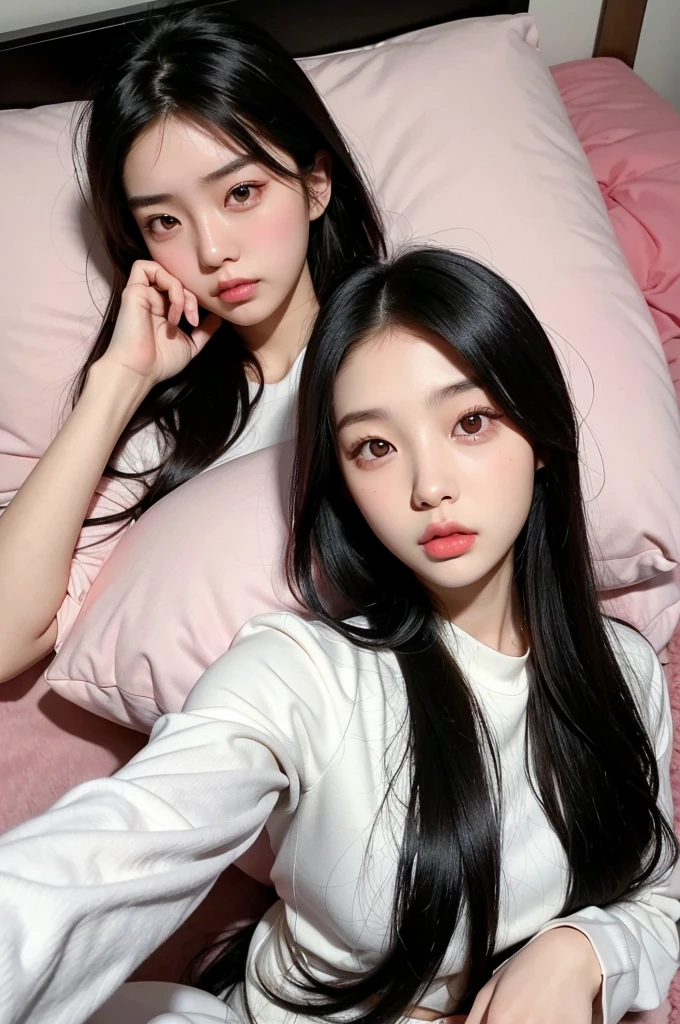Araffe Asian woman with long black hair lying on the bed, jennie pink black, ulzzang, beautiful south korean woman, Beautiful young Korean woman, young and adorable korean face, korean girl, Beautiful young Korean woman, pale korean adorable face, Young cute pale asian face, with round face, south east asian with round face, Korean face features, pale round face