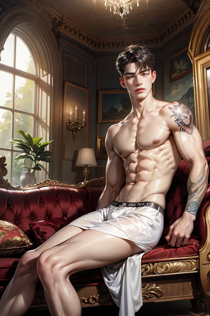 (absurderes, A high resolution, Ultra detailed, hdr), Masterpiece, Best quality, Portrait of a boy and girl, fucking, nude, Detailed face, Professional photo, bare chest, sitting on sofa，janelas, legs are open, (puffynipple(From below:1.1)), Focus on your audience,18 year old boy, Handsome boy, [ Firmly defined body ], tattooed man, chest muscle, wearing underwear, nude, large bulge, Close-up of feet,prinz, Two legs，