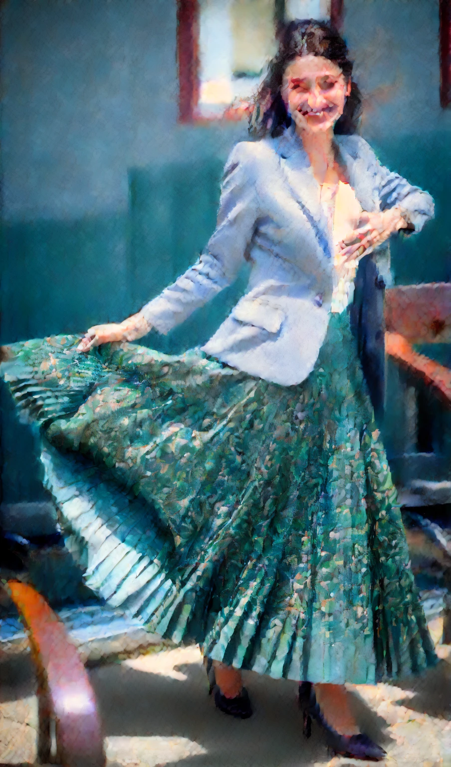 A smiling, authentic, (shy:1,3), kind, beautiful woman, is passionately in love with her skirt, wind wildly lifts her skirt, wearing uniform jacket and very, very detailed (long (fully pleated) full circle skirt) and (low heeled court shoes), very, very intricate hyper-detailed symmetric (attractive graceful young feminine face) with (sad, tired eyes and a loving smile), very voluptuous breasts, full of empathy and compassion and love, (pronounced (feminine) features), (highly detailed ultra accurate realistic) hands and fingers, (windy), epic composition, highly detailed attributes, (35mm f1.4 Kodak portra 400 photograph), extremely high quality RAW photograph, highly detailed atmosphere, sci-fi, cinematic shot, dynamic lighting, 75mm, Technicolor, Panavision, cinemascope, sharp focus, fine details, 8k, HDR, realism, realistic, key visual, film still, superb cinematic color grading, depth of field
