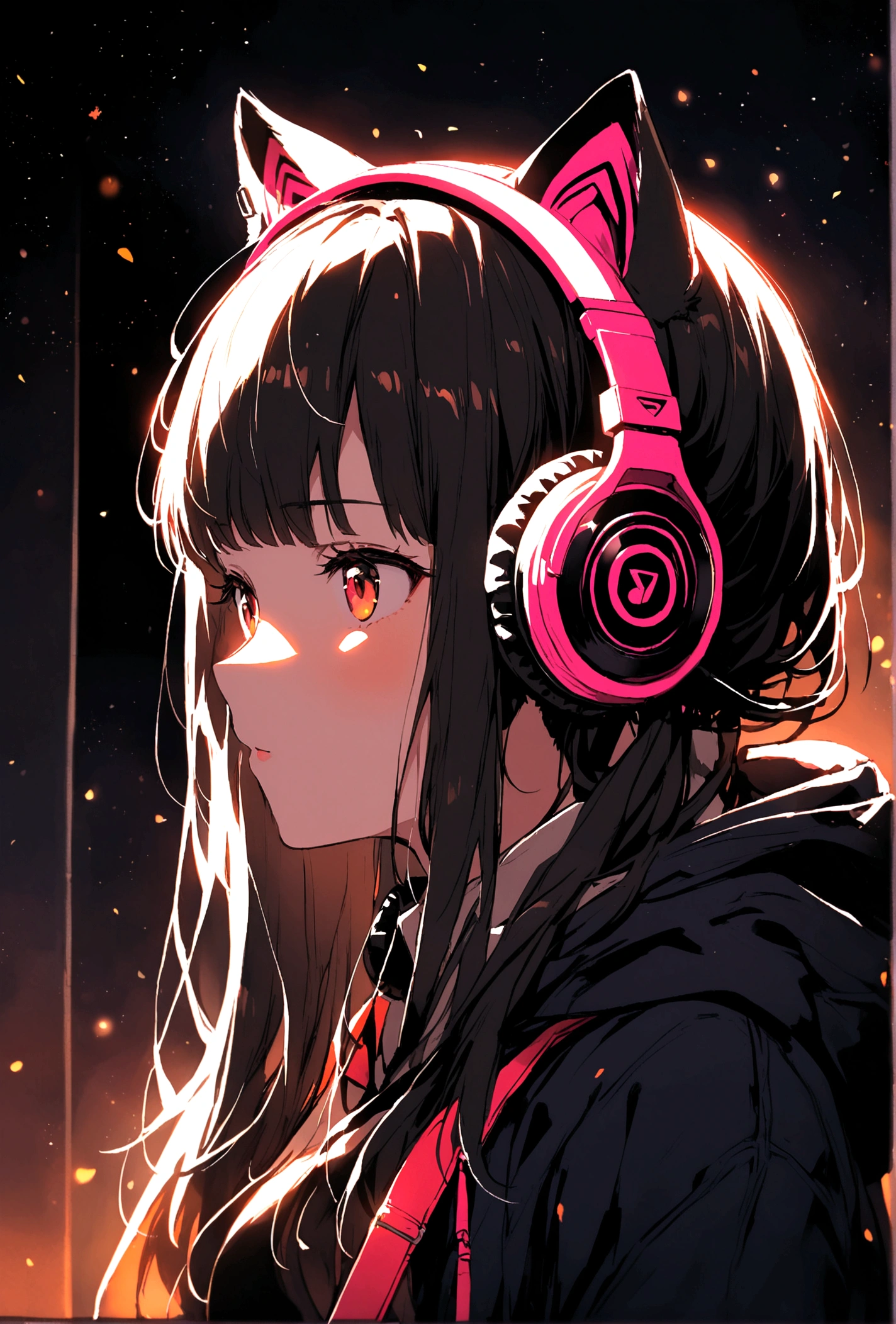 Black Hair、Headphones with cat ears、Girl