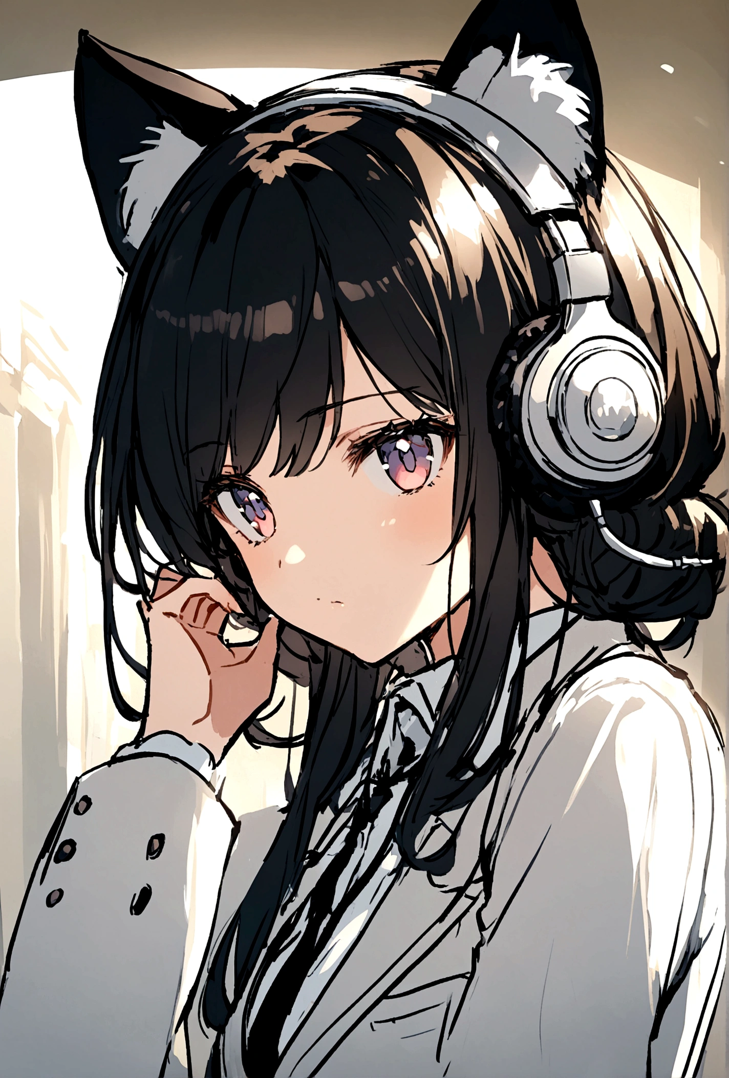 Black Hair、Headphones with cat ears、Girl