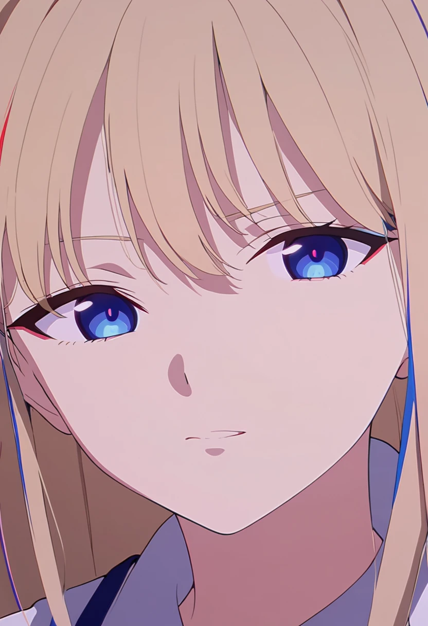 girl, anime, long hair with red and blue lines, pretty eyes, Blonde