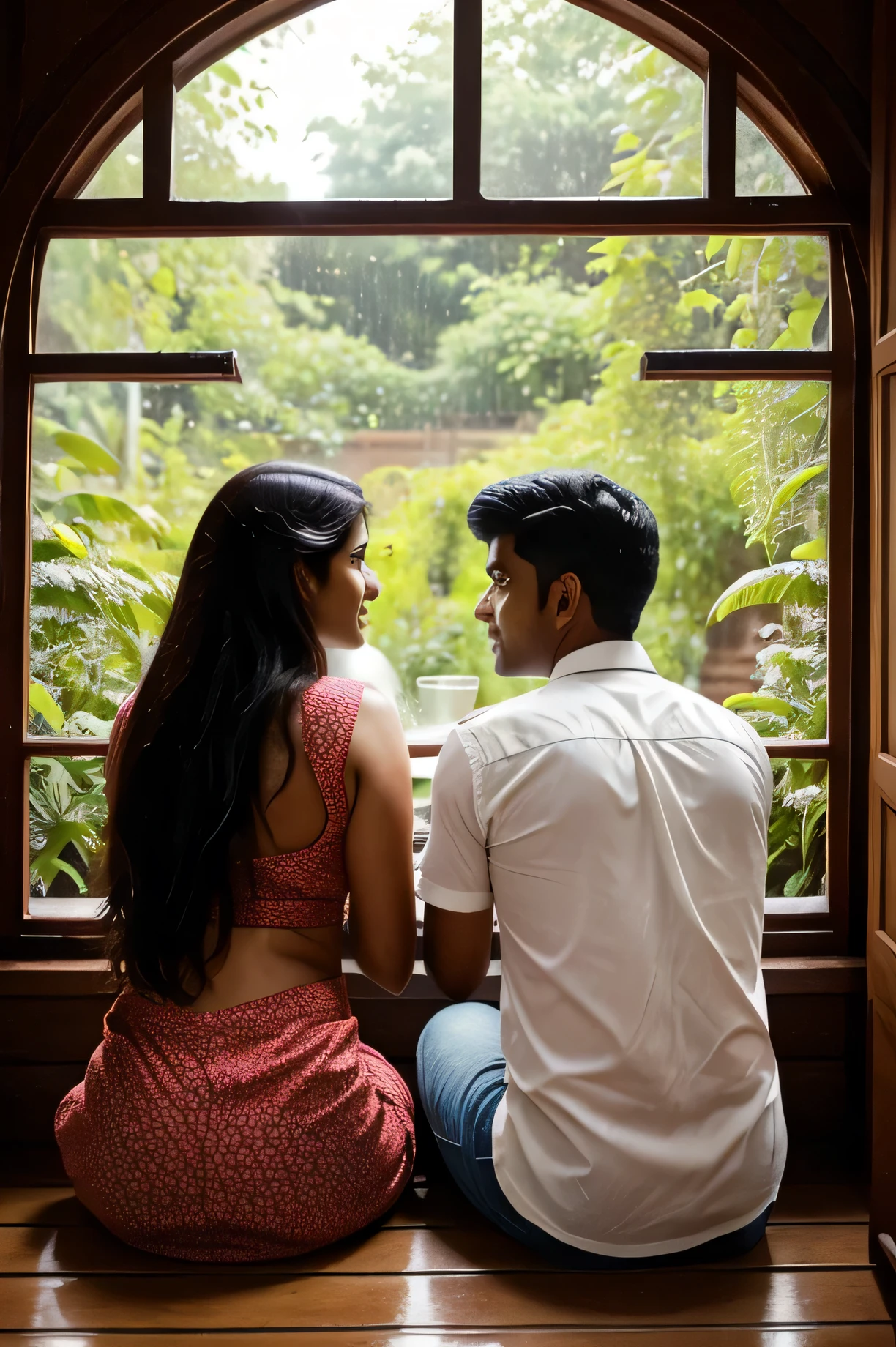 Can you generate an image of a indian couple sitting and having coffee in mugs. They are looking through the big window into the garden which is outsode while it is raining outside