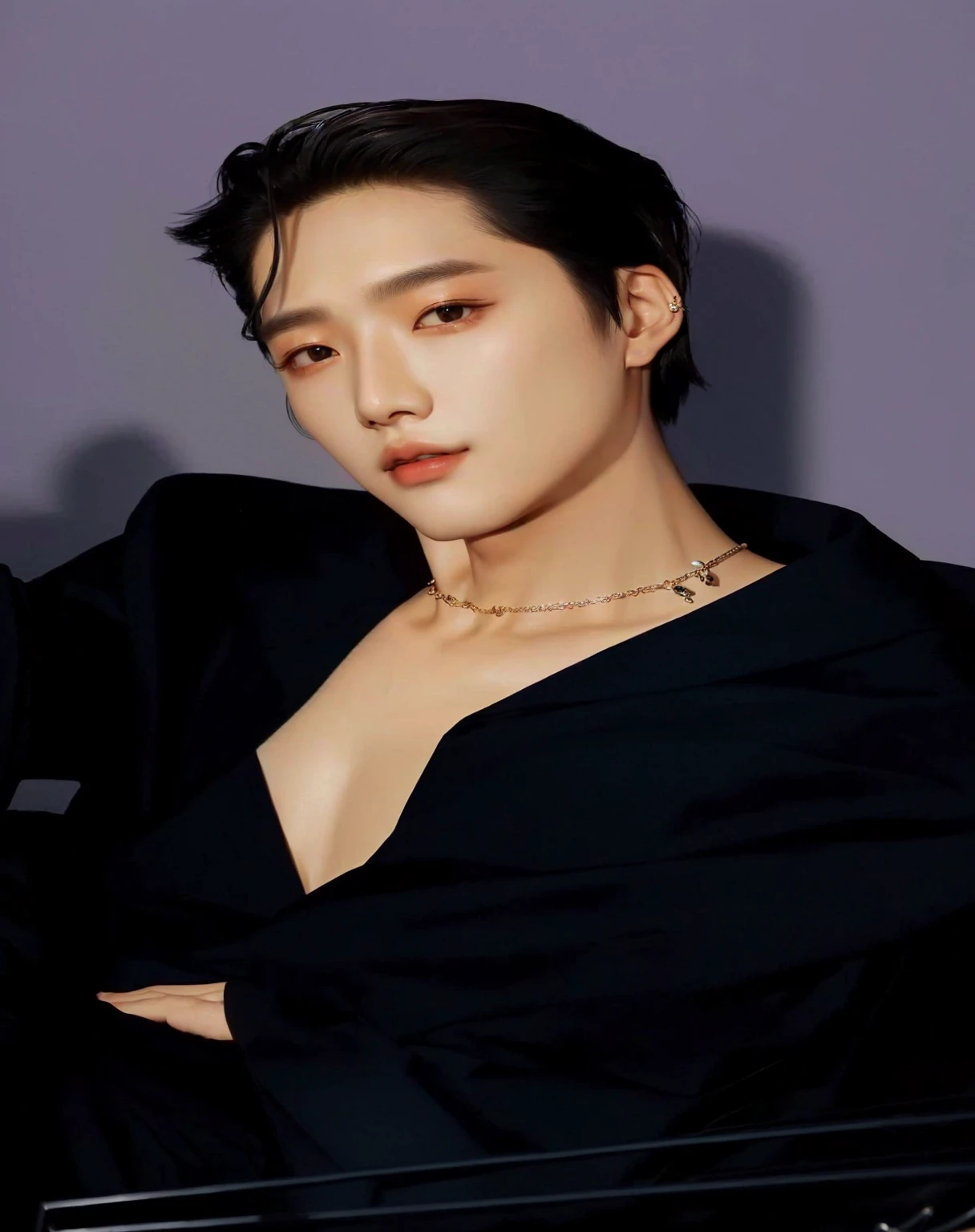 a closeup of a person sitting in a chair wearing a necklace, cai xukun, jia, hyung tae, mark lee, delicate androgynous prince, jin kim, hong june hyung, hsiao-ron, Yanjun Chengt, beautiful androgynous prince, kim taejin, jinyoung shin, Shiny from the rain, hyung tae kim, kai exo, EXO, JONGIN EXO, KIM JONG-IN