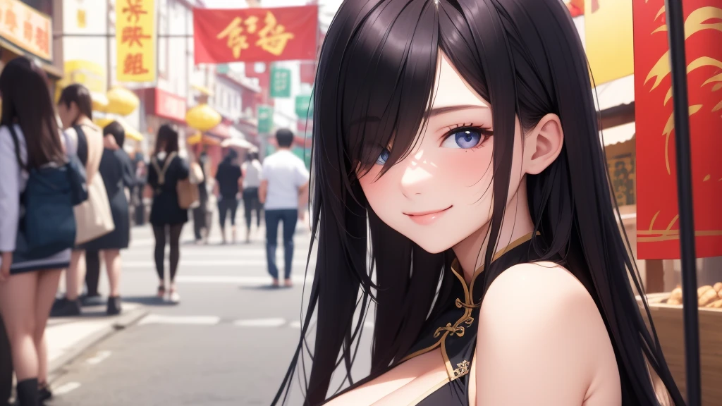 European girl portrait,alone,20-year-old,Beautiful Face,Hair on one eye,Medium Sidecut, Black Hair, Sharp focus,(China dress),Chinatown,Big Breasts,smile