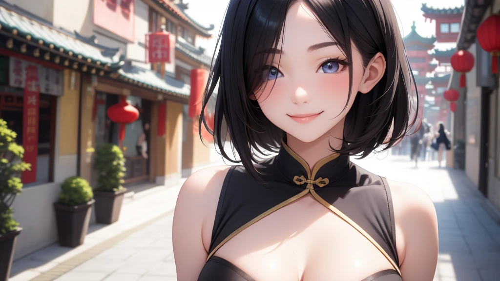 European girl portrait,alone,20-year-old,Beautiful Face,Hair on one eye,Medium Sidecut, Black Hair, Sharp focus,(China dress),Chinatown,Big Breasts,smile