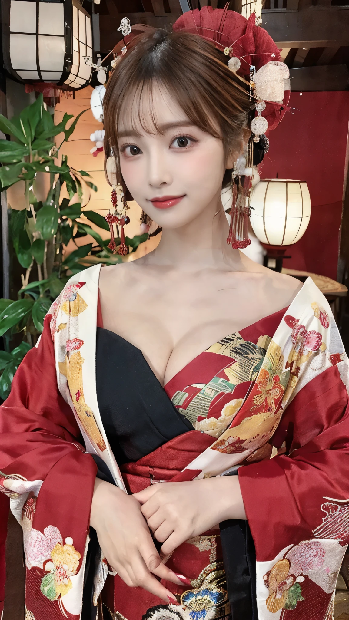 (Detailed skin:1.2),(Shiny skin:1.1),8K,Highest quality, masterpiece, Ultra-high resolution,(Realistic:1.4), RAW Photos,(Soft saturation:1.3),(Fair skin:1.2),Half-Japanese beauty,repair,20 years, Light brown hair, (Up-Hairstyles:1.2), Asymmetrical Hair, (Pretty face:1.4), (Large , Tight waist), Beautiful lighting, (Sexy Oi:1.2,),Highly detailed face, Highly detailed lips, fine grain, double eyelid, (Sharp focus: 1.2), (Perfect Anatomy),(Beautiful woman with perfect figure: 1.2)、Exposing cleavage、Rxy poses,(Accente your leg lines:1.1)、kimono、Sharp Eyes,smile、Gorgeous hair ornament、Japanese style background