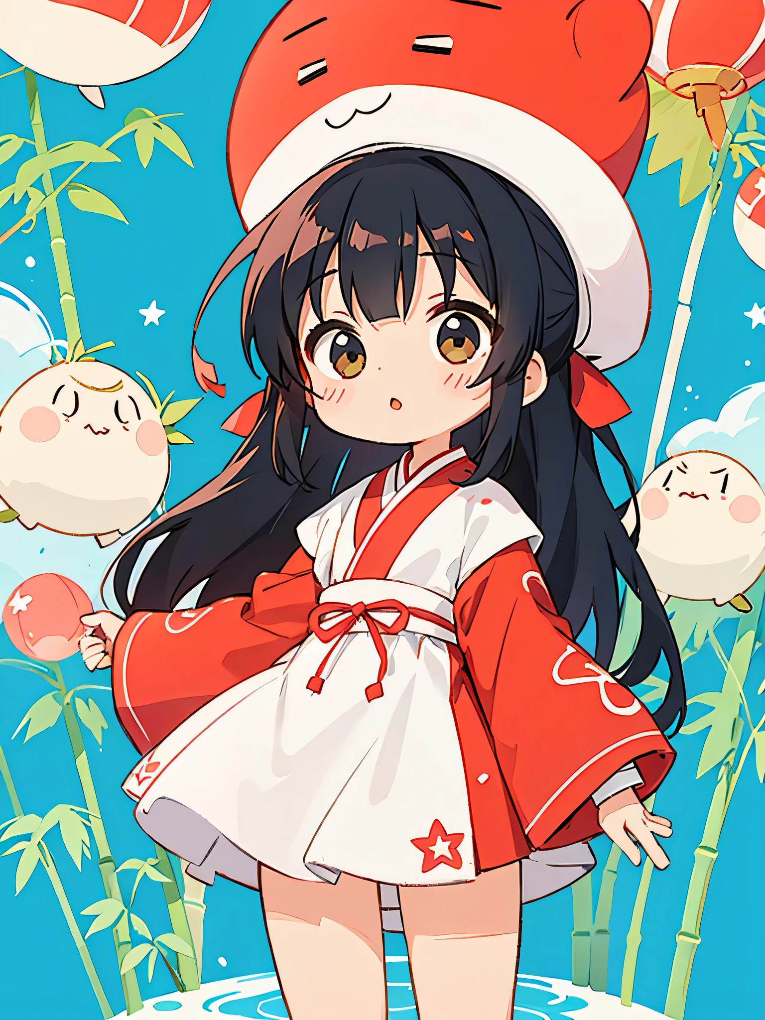 Black Star Red and White style、Kawaii Design, The most beautiful girl of all time、chibi, tanabata, Bamboo, Strip