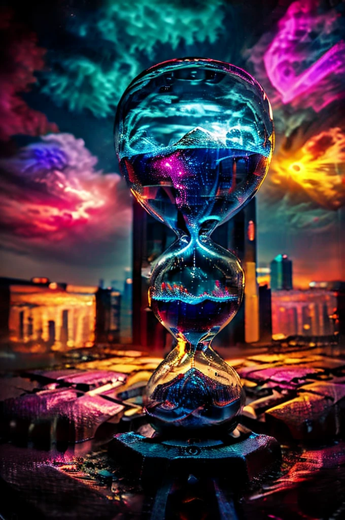 Ball lightning - the main element, quarter screen size, flies into the window of a high-rise building, behind the night city illuminated by neon colored lamps, There must be a night sky and a bright full moon, and reflections of all the above light from the glass of houses, light drizzle.