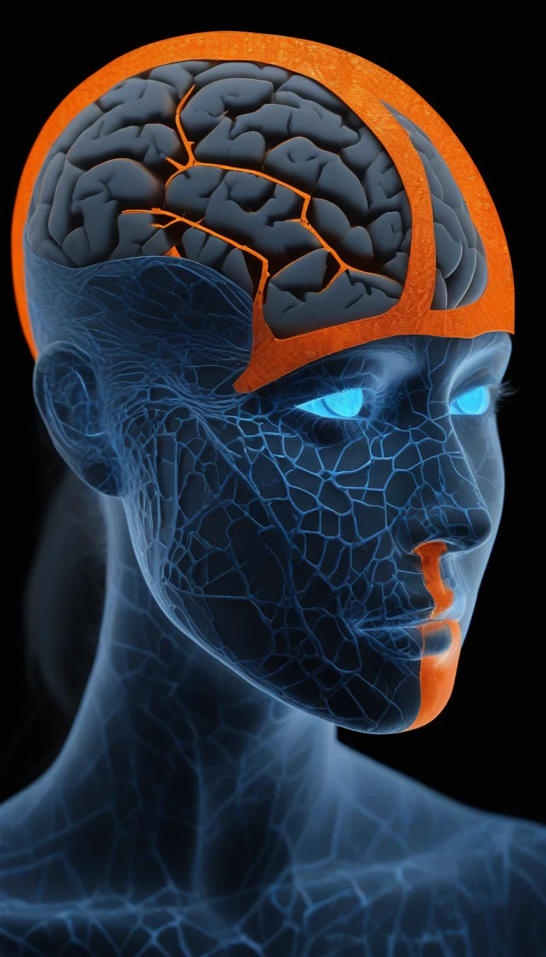 side view xray neon (kintsugi face:1.5) (torn paper body:1.5) chiaroscuro woman (translucent glowing brain:1.5), (grey-blue eyes:1.4), vibrant, candid cinema, 16mm, remarkable color, ultra realistic, shot with cinematic camera, (neon fractal strands orange-blue glow:1.5), subsurface scattering, shadows, red sidelight, short neck, (long flowing hair:1.5) 