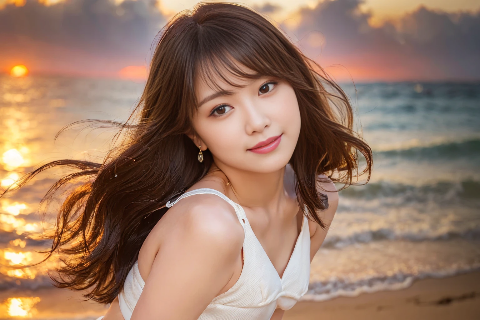 (((Sunset Beach in Hawaii)))、(((Orders from professional photographers、Sensual laughter and provocative poses)))、(((Best waist strap:1.2)))、(((Kneel)))、(Light brown eyes staring into the distance)、(((First Person Portrait)))、Detailed eyes, double eyelid、(((Thin white bikini)))、(((ASA Sensitivity 50 Camera Settings、Spring 85mm、 Opening 1.0)))、(((真っ白な股間に食い込むビキニ姿でKneel)))alone、(Realistic depiction)、(((Leave the facial expressions in the original image as they are)))、Photorealista、masterpiece、In 8K、High resolution、alone、More detailed faces、(Professional Lighting、Bokeh Depth of Field)、(Particles of light、Lens flare、Glowing particles:0.6)、(Dynamic Pose:1.2)、Soft lighting、Low angle view、((Beautiful sunset)) 、((Upward diagonal:1))、(Portrait:0.6)、(Maintains natural facial proportions)、(C Cup Big Chest)、 (Medium Hair)、Floating Hair、A seductive smile、Perfect Anatomy、((solo:1.5))、((Are standing:1.5))