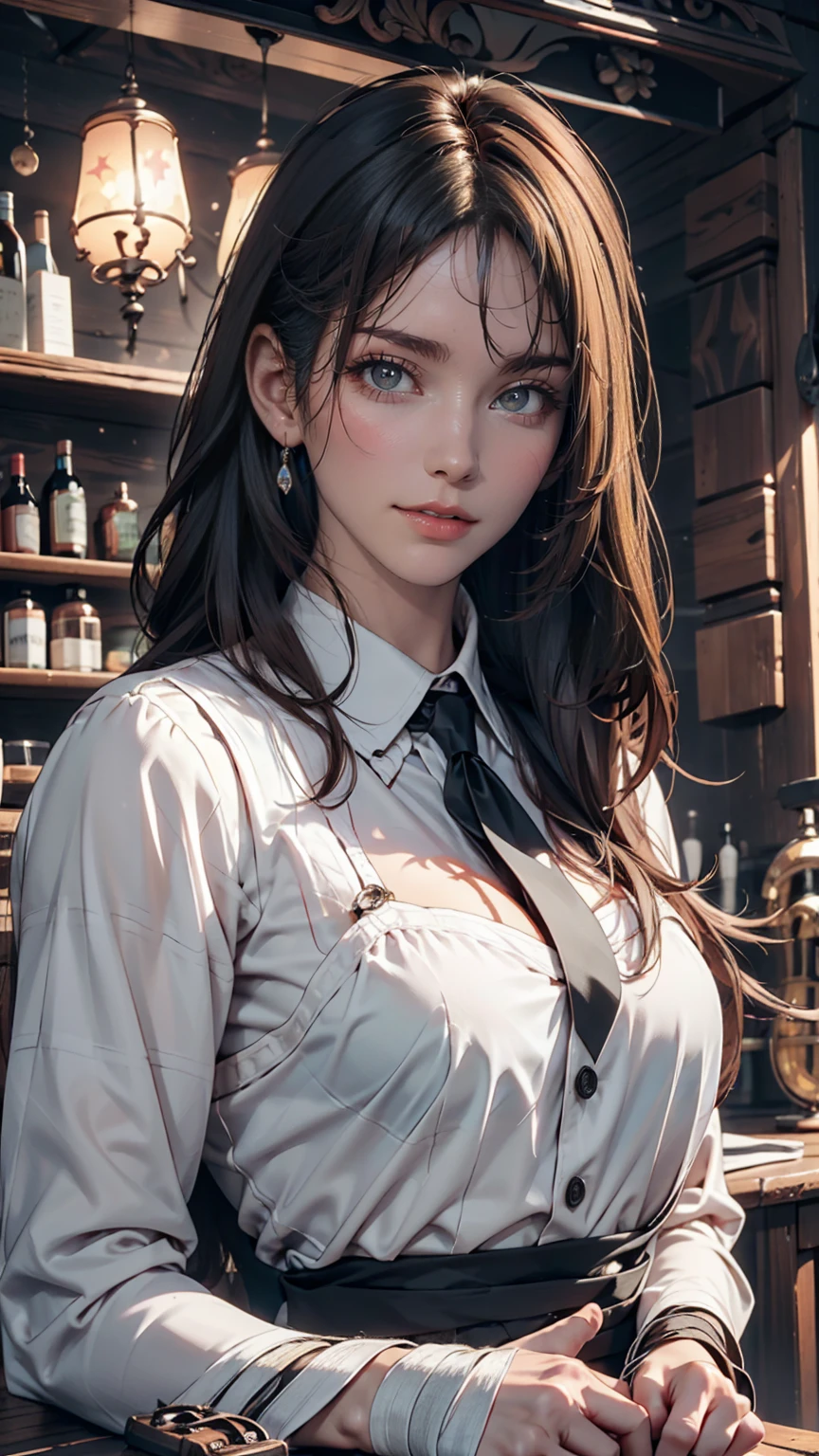 ((masterpiece, Highest quality)), (One girl), (alone), (Focus on women), night (Chainsaw Man),(Highly detailed face, The real picture, Realistic white skin, Realistic body, Intricate details), Upper Body, Severe , Brown eyes, Looking at the audience, bandage over the body, Black Hair, Long sleeve shirt, Pinafore dress, Black tie, bandage, bandage, Small breasts