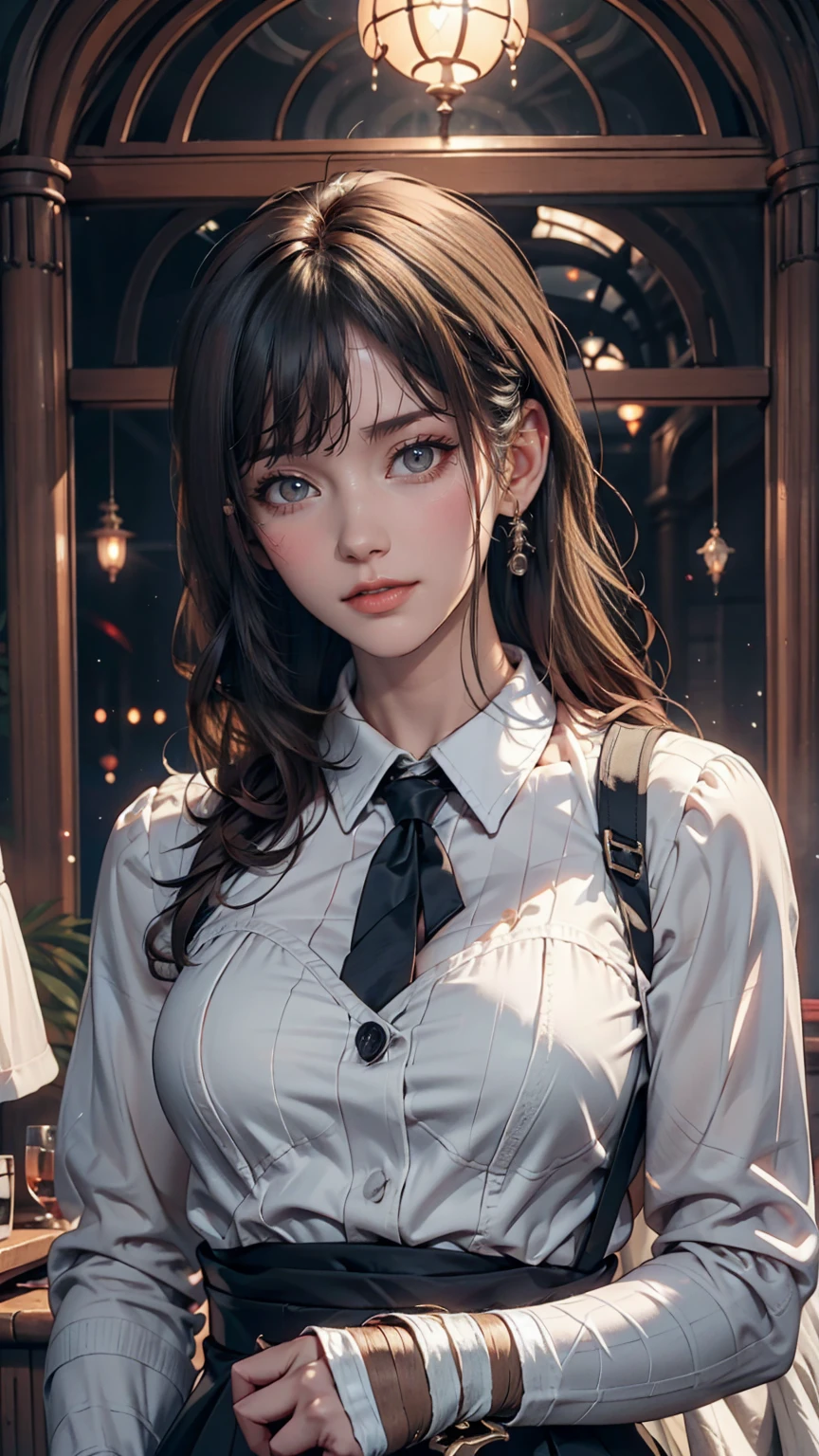 One girl, Exquisite detail, masterpiece, Highest quality, Very detailed,Cinema Lighting, Beautiful sparkle, Beautifully detailed face and eyes, 8K, Dark intense shadows, Yellow Eyes, Medium Hair, Black Hair, bangs, Floating Hair, Black jacket, Open jacket, White shirt, Expressionless, Yellow tie, Black Skirt, Spotlight, sunlight, sunrise, Gradient Sky, city, Lens flare, Cowboy Shot, [[Curvy]], [Mature Woman]