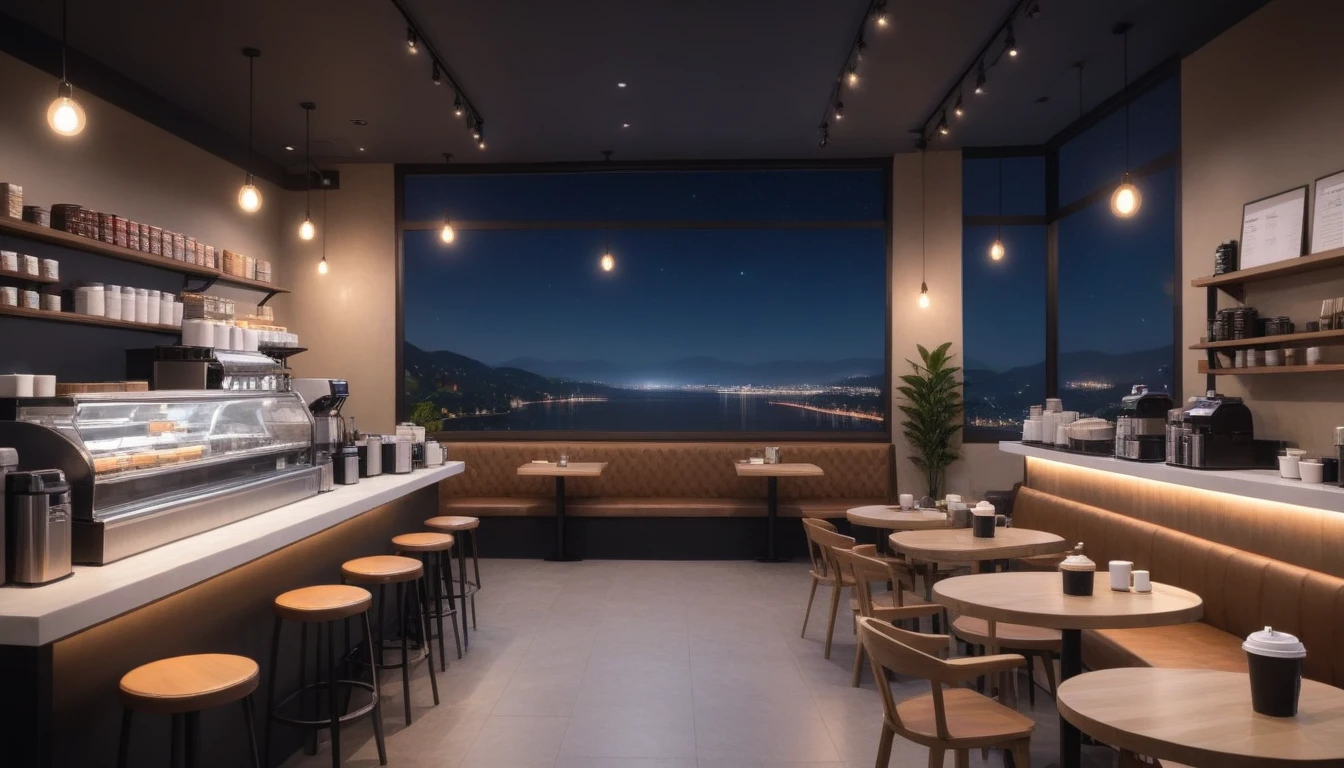 at night, frontal shot coffee shop interior, tables with coffee cups, and a big window in the center